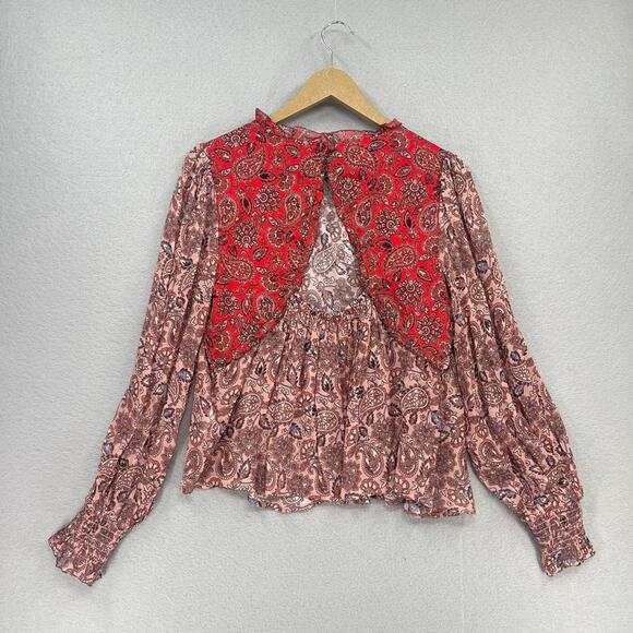Boden Top Blouse Womens 10 Red Paisley Floral Ruffle Open Back Swing Feminine - Picture 14 of 16